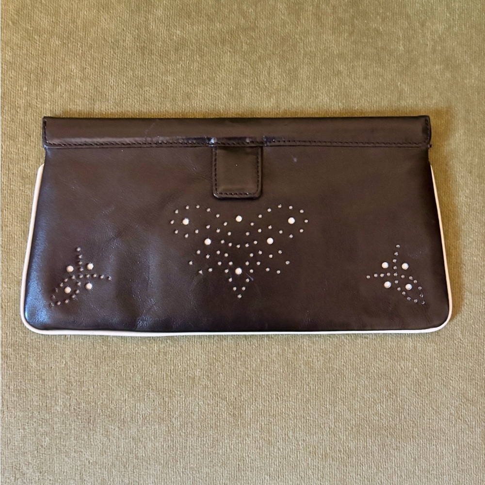 Cole Haan,Black Genuine Leather,Perforated Butterfly Design,White Trim Clutch
